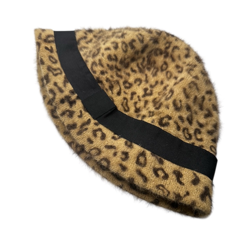 Jessica Simpson Leopard Print Angora Blend Cloche Hat Black Ribbon Winter Fuzzy